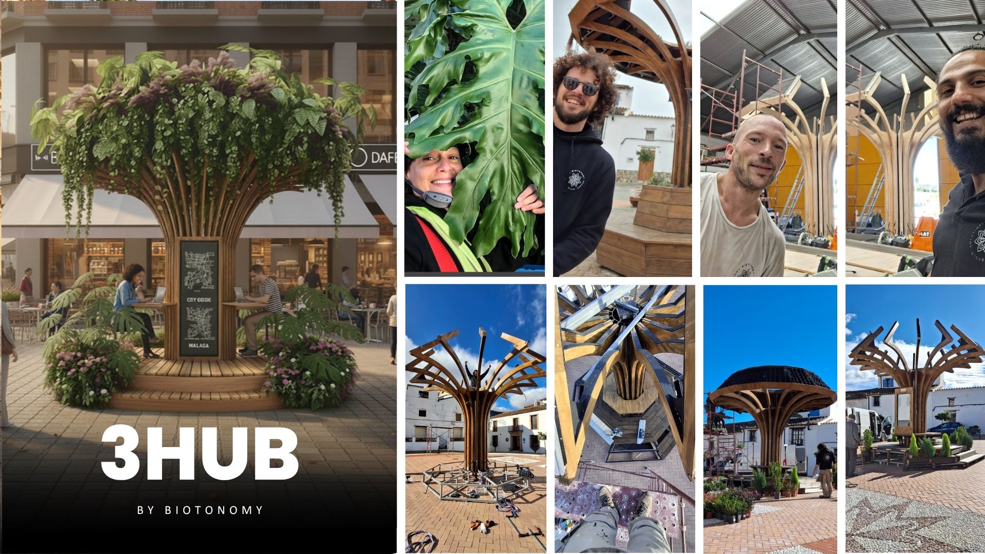 Detalle del árbol urbano y parte del equipo integrante de la startup malagueña.